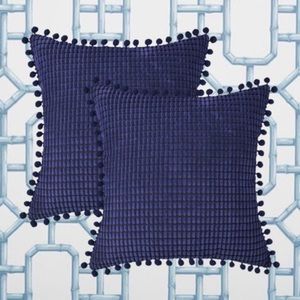 Luxury Home | Boho Navy Blue Corduroy Striped Pom Pom Trim Throw Pillow Covers